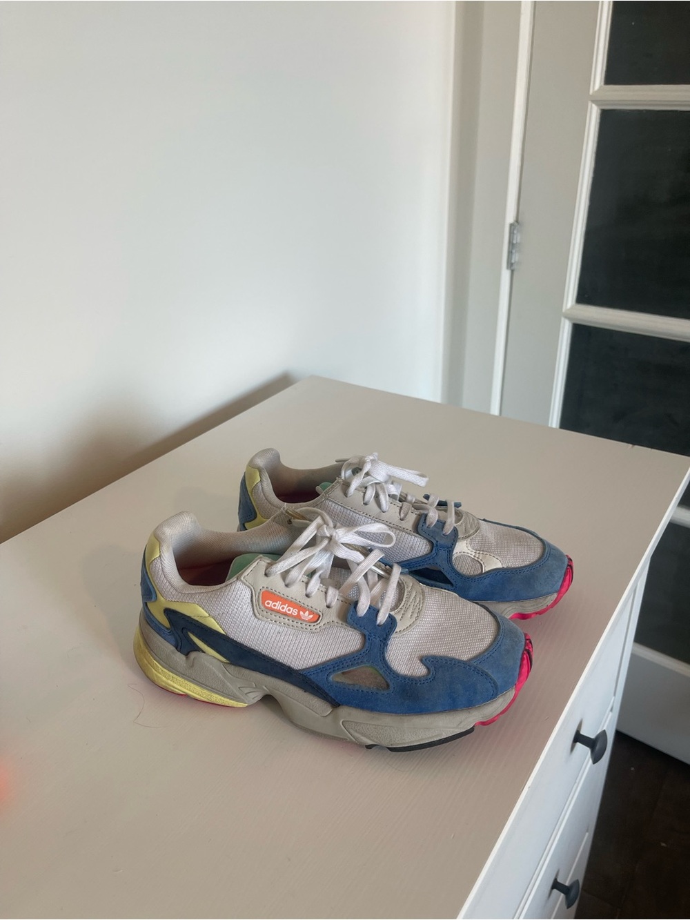 adidas Falcon White/Blue/Pink/Yellow Multicolor Retro Runner